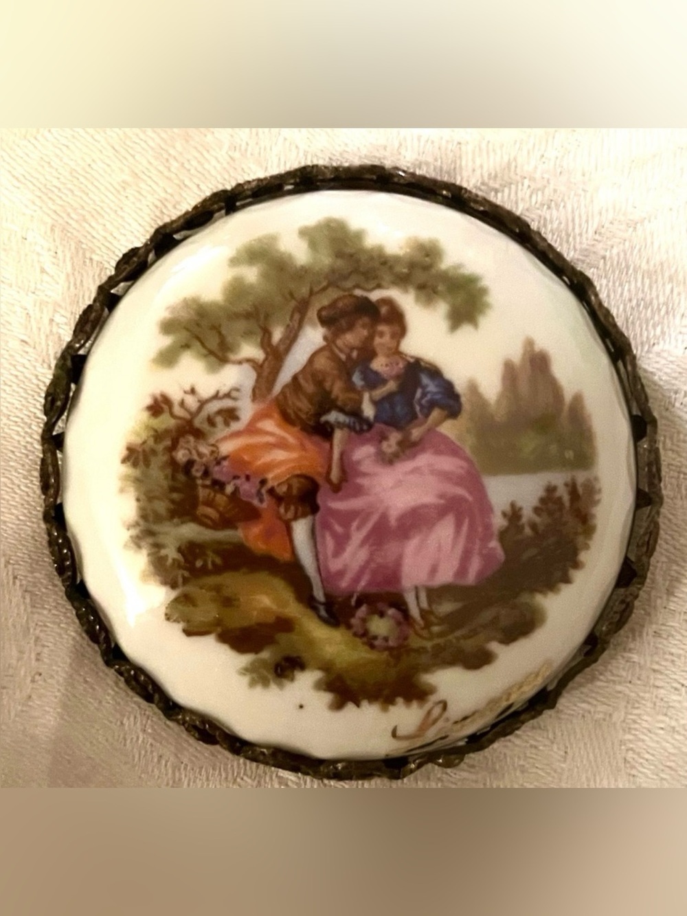 Vintage Hand-Painted Limoges Porcelain Compact Mirror Rococo Scene Brass Patina